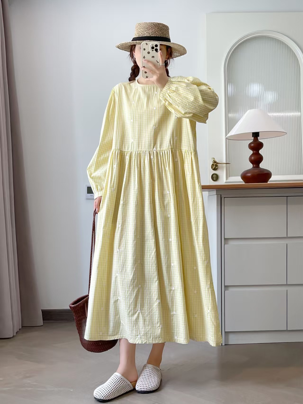 Bust 118cm mori girl autumn Ja - Embroidery Yellow Dress 评论和价格