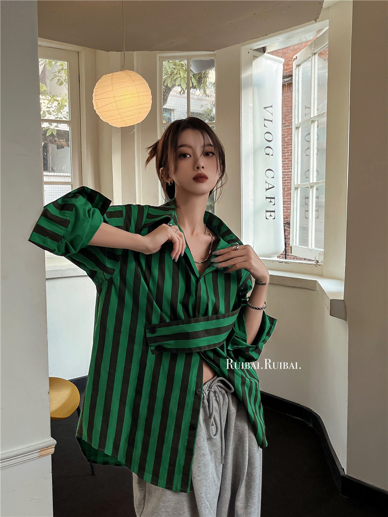 Korean striped shirt with asym - Embroidery Online 评论和价格