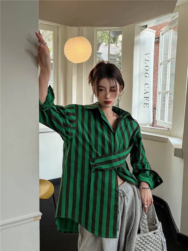Korean striped shirt with asym - Embroidery Online 评论和价格