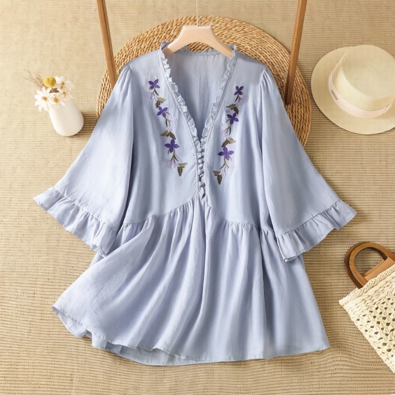 Elegant Purple Floral Embroide - Embroidery Cotton Shirt 评论和价格
