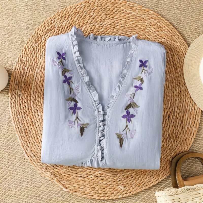 Elegant Purple Floral Embroide - Embroidery Cotton Shirt 评论和价格