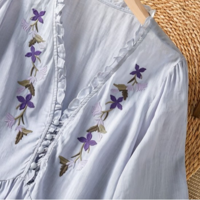 Elegant Purple Floral Embroide - Embroidery Cotton Shirt 评论和价格